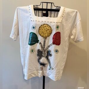 Square Neck Short Sleeve Embellished Sequin Gem Stone Tshirt White Woman’s Top L